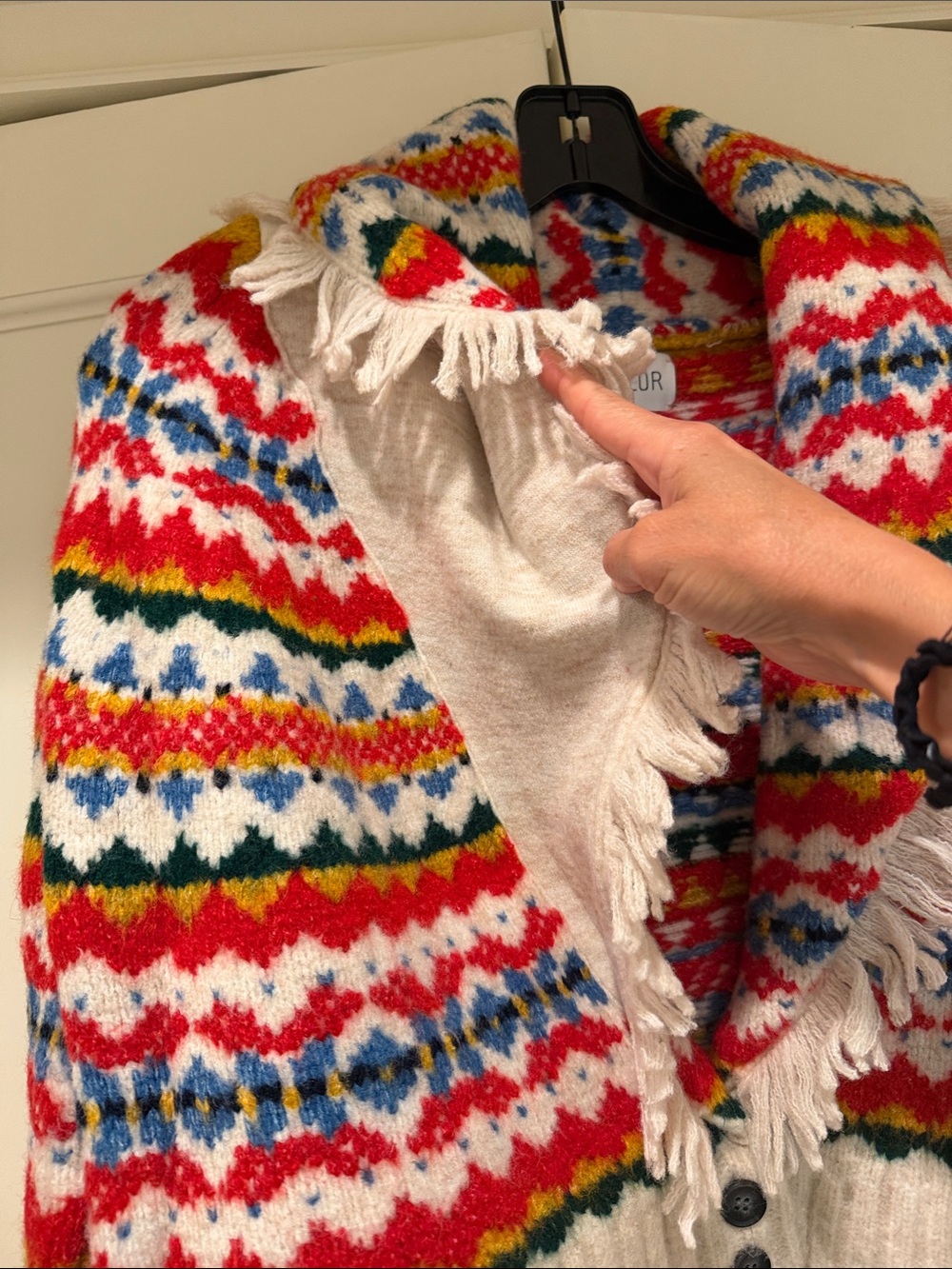 SAYLOR Red, Blue & Green Fair Isle Fringe Cardigan - Picture 7 of 10